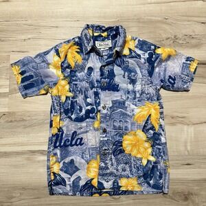 UCLA Hawaiian Aloha Shirt Kid's Size XL Vtg Ke Nui Blue & Gold Sports Read Descr